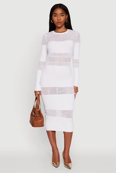 Womens Crochet Detail Long Sleeve Bodycon Sweater Dress, White, Size L