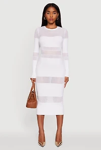 Womens Crochet Detail Long Sleeve Bodycon Sweater Dress, White, Size L