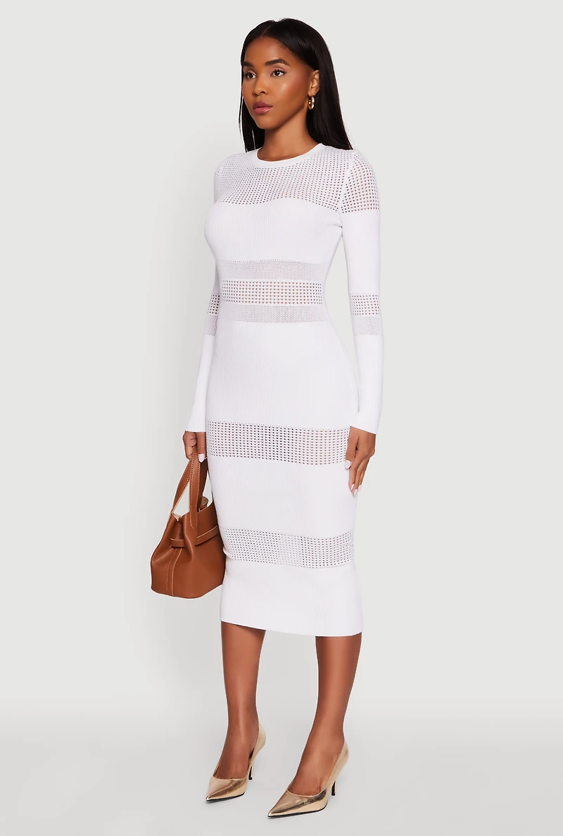 Womens Crochet Detail Long Sleeve Bodycon Sweater Dress, White, Size L