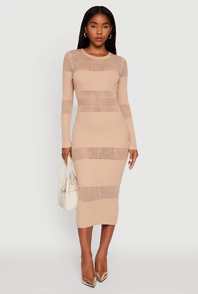Womens Crochet Detail Long Sleeve Bodycon Sweater Dress,