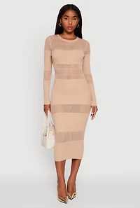 Womens Crochet Detail Long Sleeve Bodycon Sweater Dress,