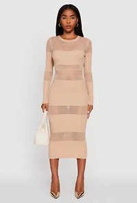 Womens Crochet Detail Long Sleeve Bodycon Sweater Dress,