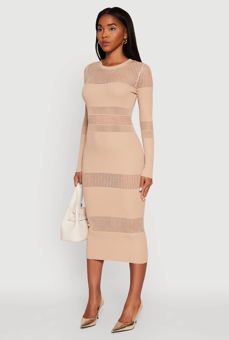 Womens Crochet Detail Long Sleeve Bodycon Sweater Dress,