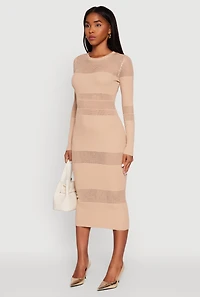 Womens Crochet Detail Long Sleeve Bodycon Sweater Dress,