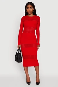 Womens Crochet Detail Long Sleeve Bodycon Sweater Dress, Red, Size XL