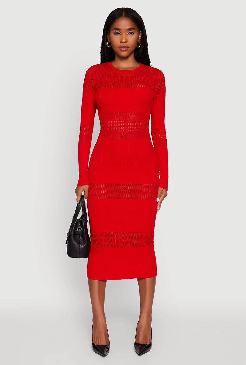 Womens Crochet Detail Long Sleeve Bodycon Sweater Dress, Red, Size XL