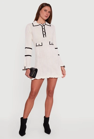 Rib Knit Contrast Trim Polo Sweater Dress