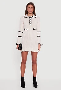 Womens Rib Knit Contrast Trim Polo Sweater Dress, White,