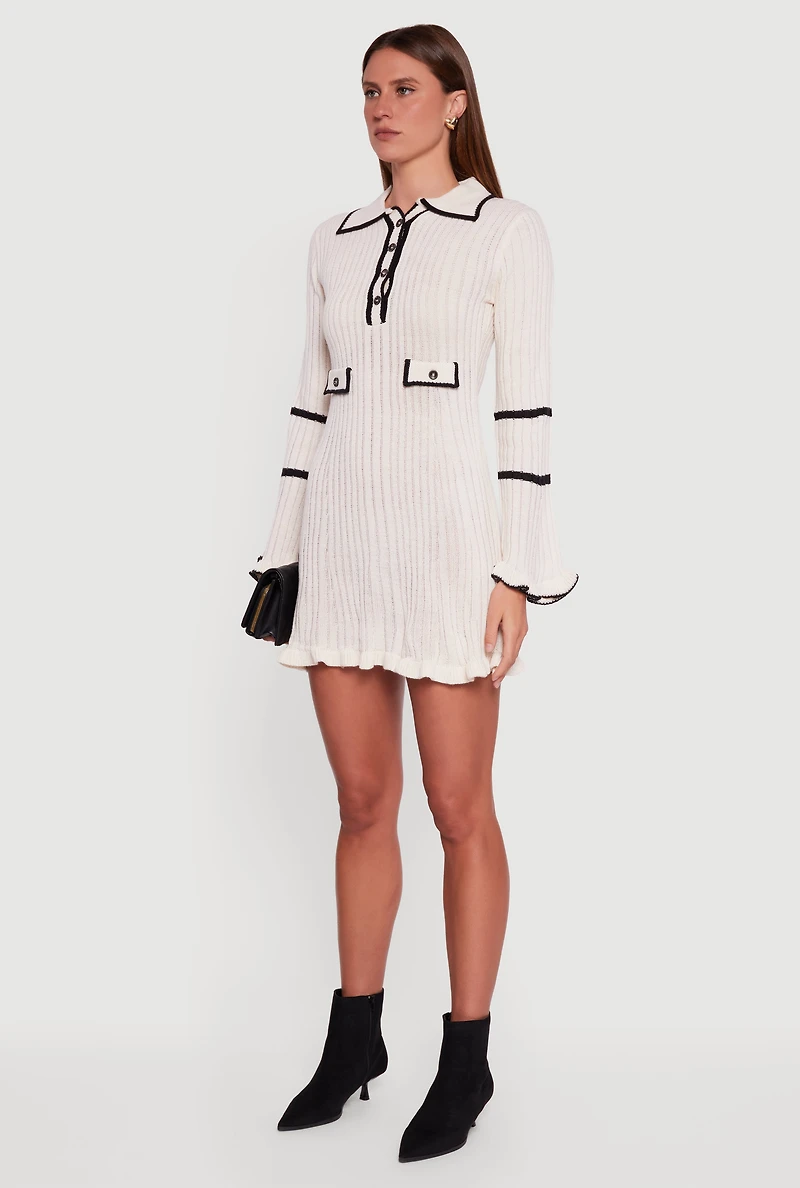 Rib Knit Contrast Trim Polo Sweater Dress