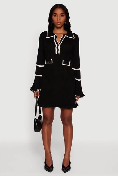 Womens Rib Knit Contrast Trim Polo Sweater Dress,