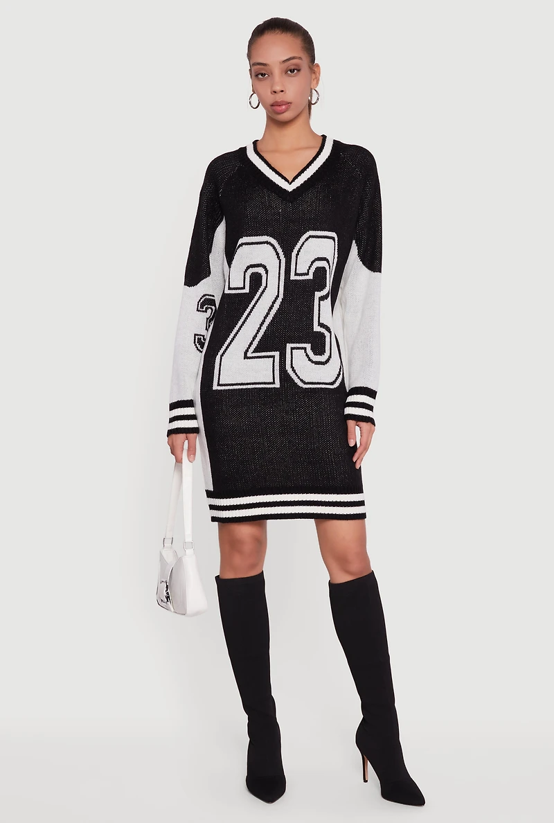 Womens 23 Graphic Long Sleeve V-Neck Sweater Dress,
