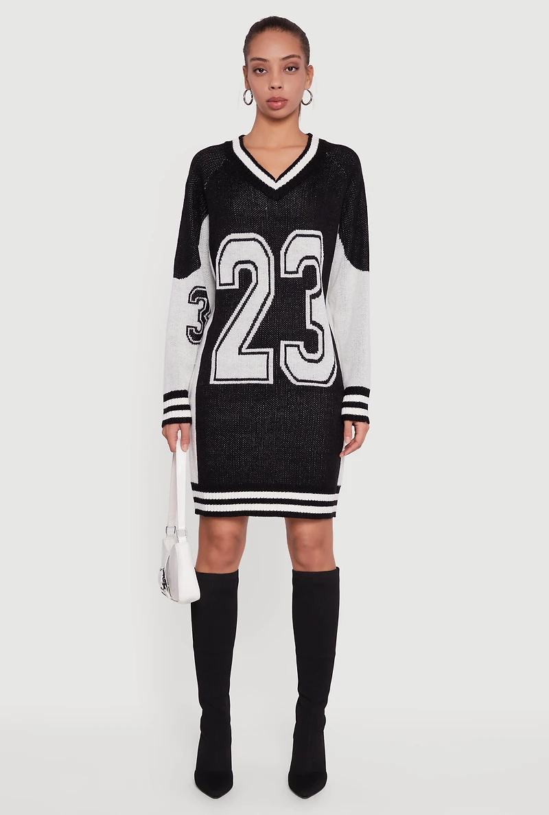 Womens 23 Graphic Long Sleeve V-Neck Sweater Dress,