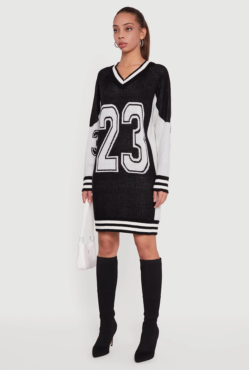 Womens 23 Graphic Long Sleeve V-Neck Sweater Dress,