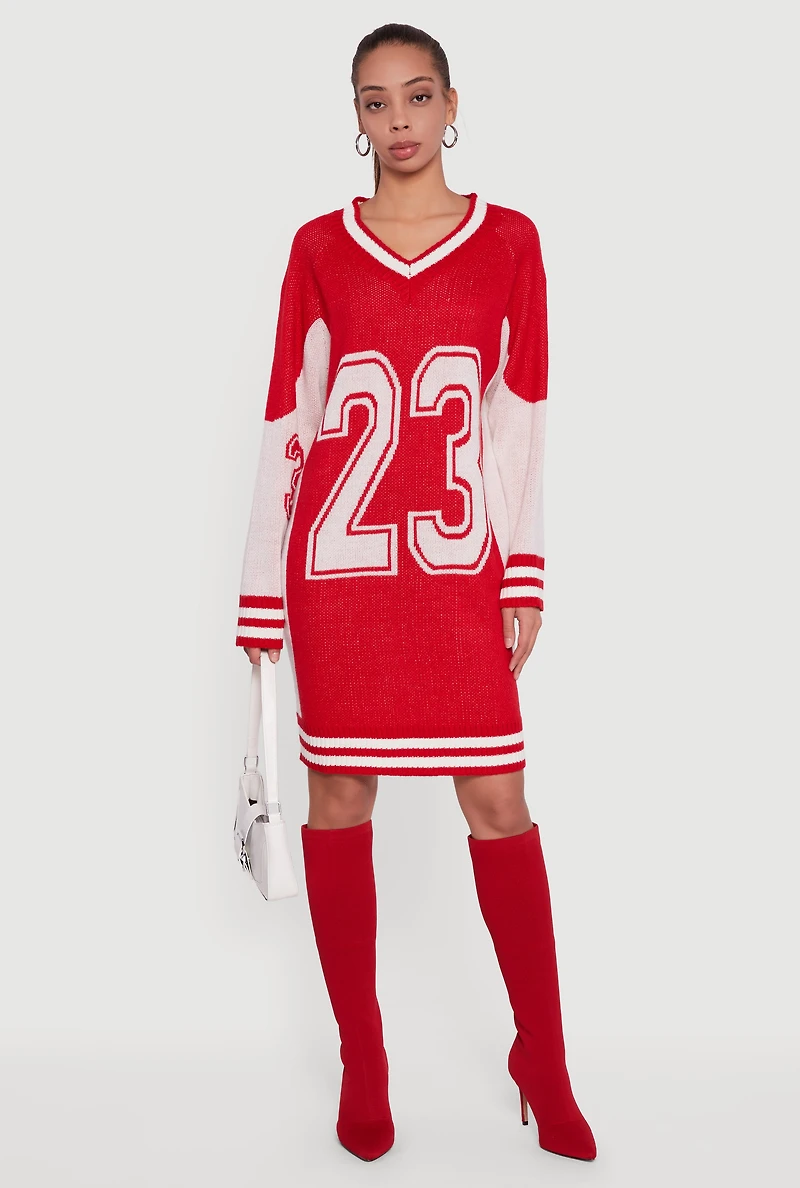 Womens 23 Graphic Long Sleeve V-Neck Sweater Dress, Red, Size M