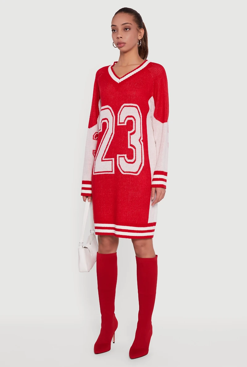 Womens 23 Graphic Long Sleeve V-Neck Sweater Dress, Red, Size M