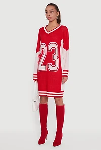 Womens 23 Graphic Long Sleeve V-Neck Sweater Dress, Red, Size M