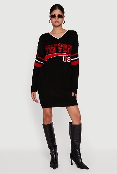 New York USA Graphic Long Sleeve Sweater Dress