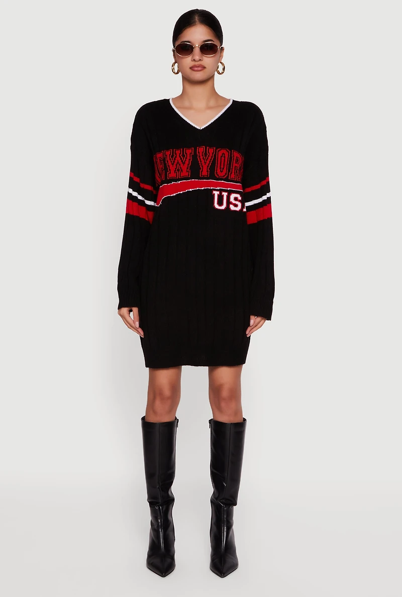 New York USA Graphic Long Sleeve Sweater Dress
