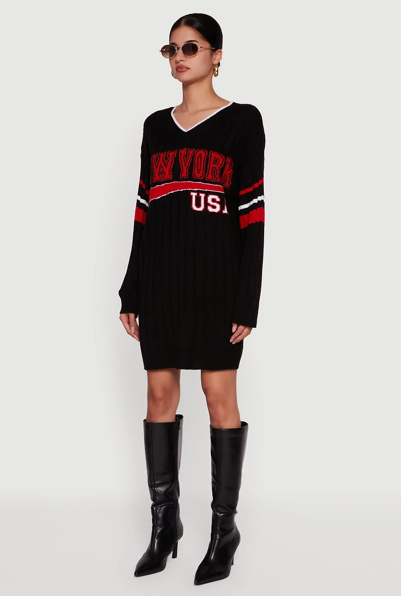New York USA Graphic Long Sleeve Sweater Dress