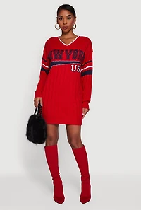 Womens New York USA Graphic Long Sleeve Sweater Dress, Red, Size L