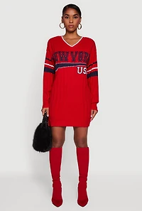 Womens New York USA Graphic Long Sleeve Sweater Dress, Red, Size L