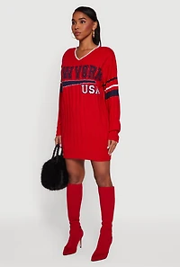 New York USA Graphic Long Sleeve Sweater Dress