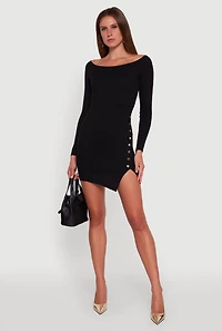 Womens Metallic Button Detail Side Slit Boat Neck Sweater Dress, Black, Size L