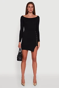 Womens Metallic Button Detail Side Slit Boat Neck Sweater Dress, Black, Size M