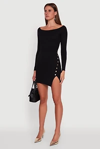 Womens Metallic Button Detail Side Slit Boat Neck Sweater Dress, Black, Size M