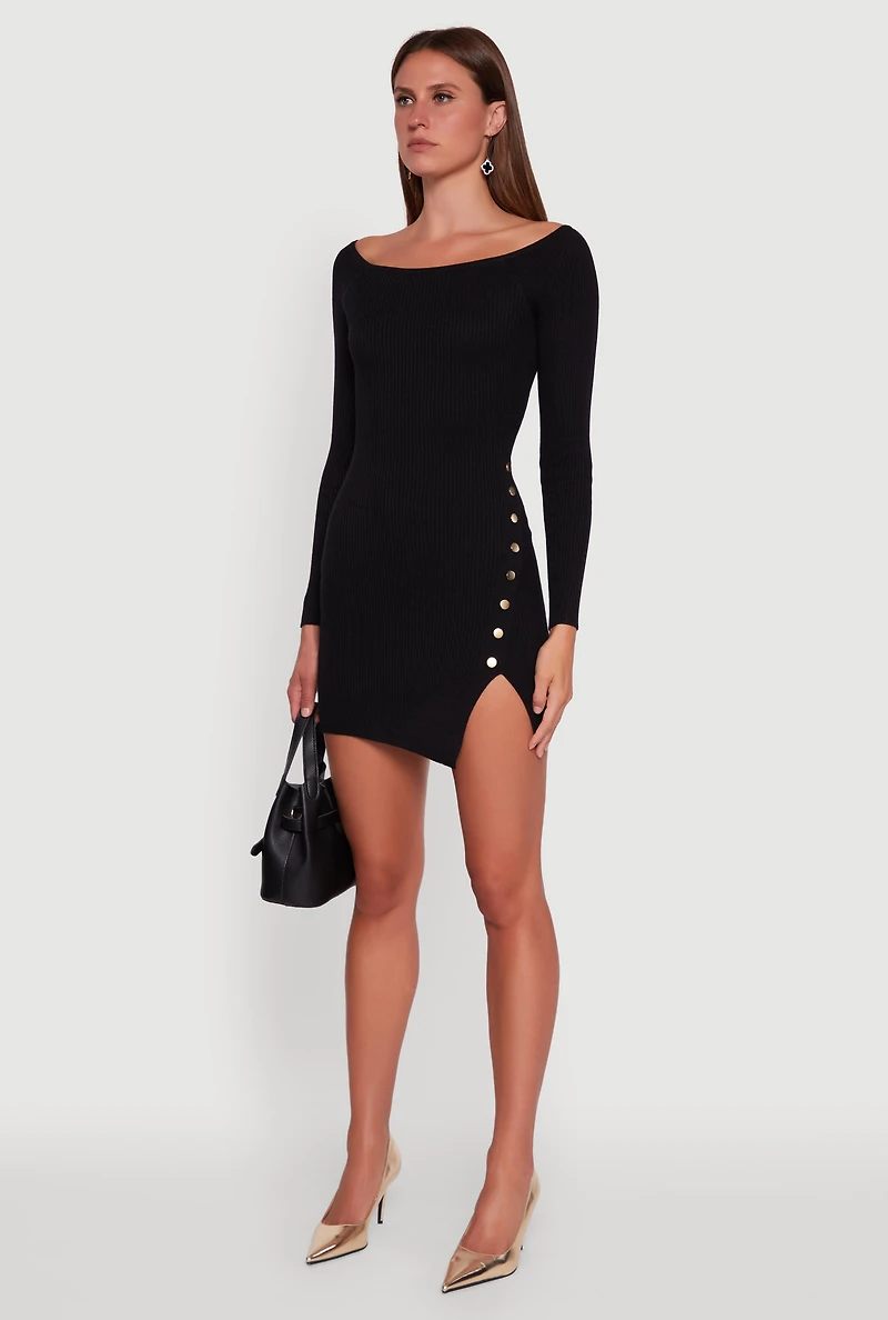 Metallic Button Detail Side Slit Boat Neck Sweater Dress