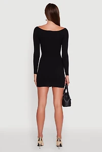Metallic Button Detail Side Slit Boat Neck Sweater Dress