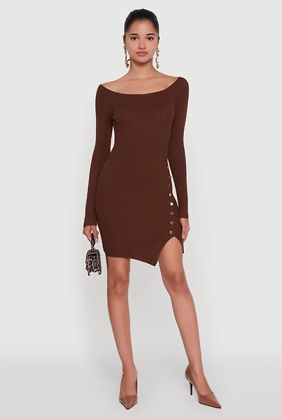Womens Metallic Button Detail Side Slit Boat Neck Sweater Dress, Brown, Size XL