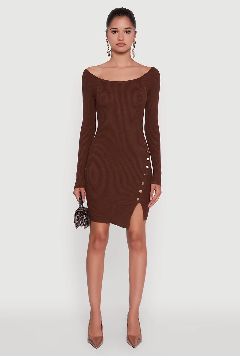 Womens Metallic Button Detail Side Slit Boat Neck Sweater Dress, Brown, Size XL