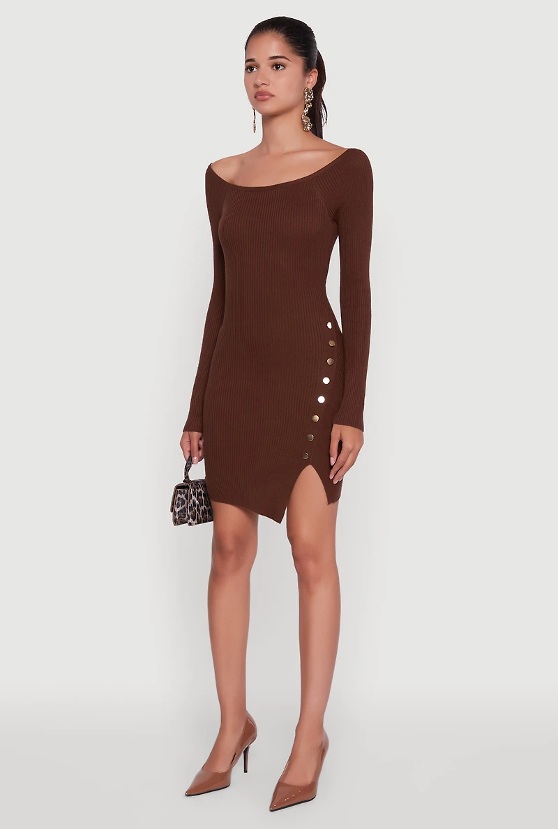 Metallic Button Detail Side Slit Boat Neck Sweater Dress