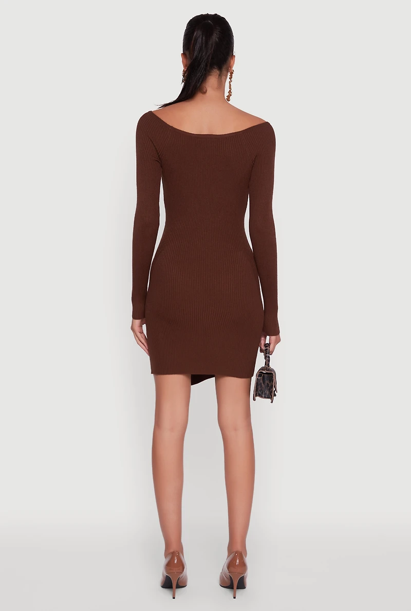 Womens Metallic Button Detail Side Slit Boat Neck Sweater Dress, Brown, Size XL