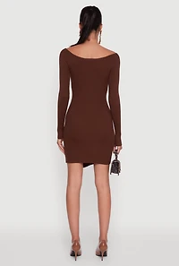 Womens Metallic Button Detail Side Slit Boat Neck Sweater Dress, Brown, Size XL