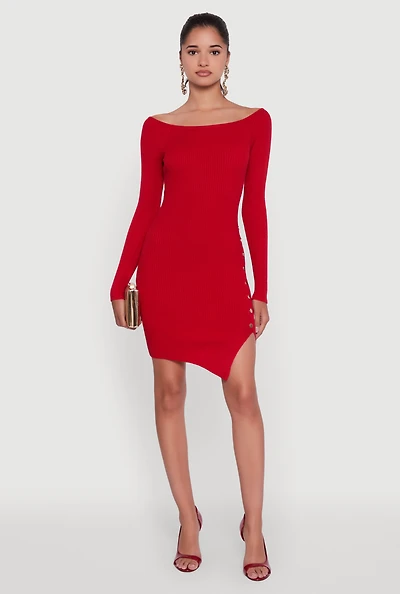 Womens Metallic Button Detail Side Slit Boat Neck Sweater Dress, Red, Size M