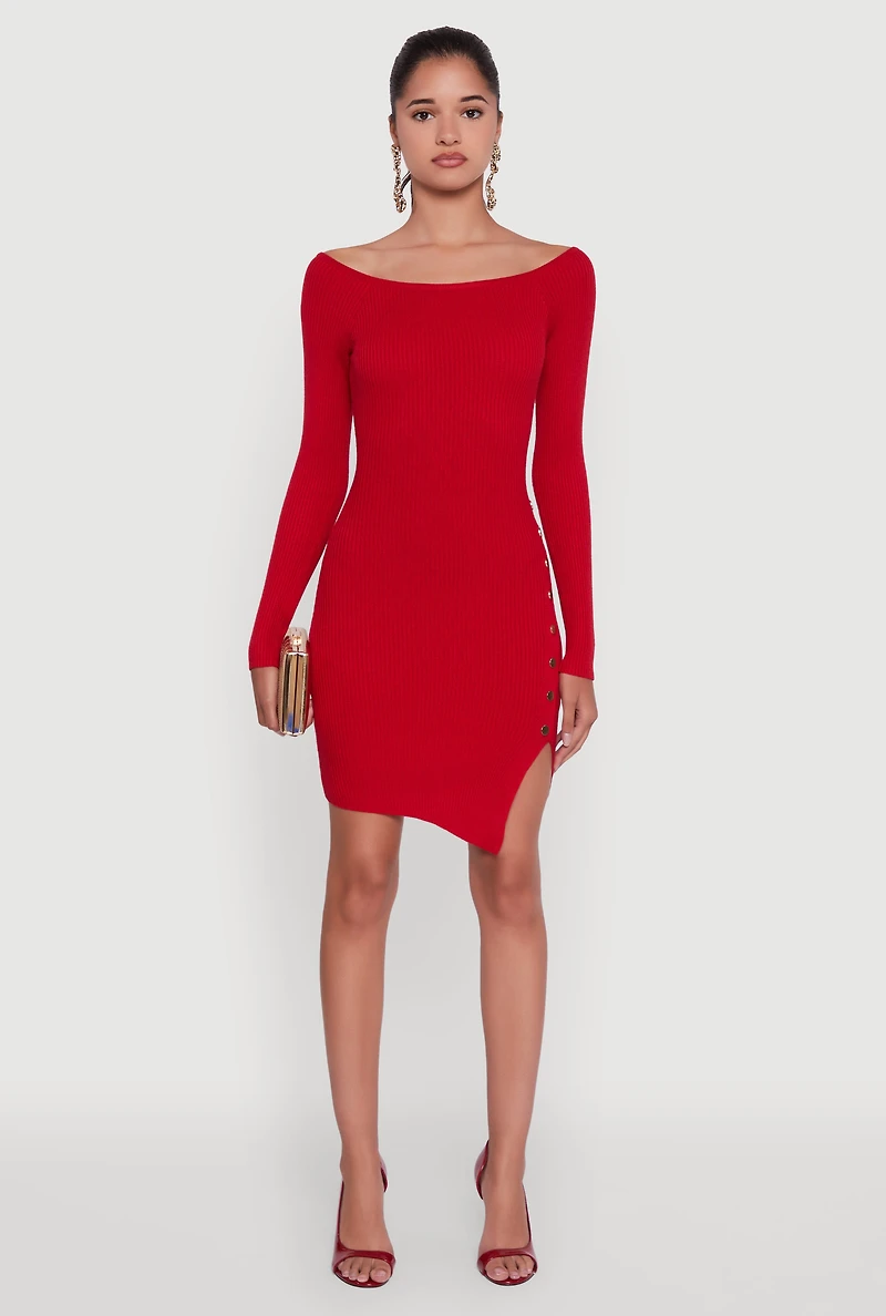 Metallic Button Detail Side Slit Boat Neck Sweater Dress