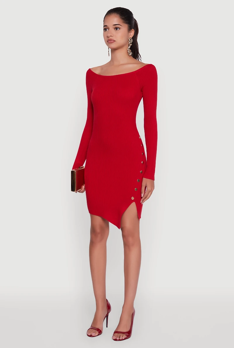 Womens Metallic Button Detail Side Slit Boat Neck Sweater Dress, Red, Size M