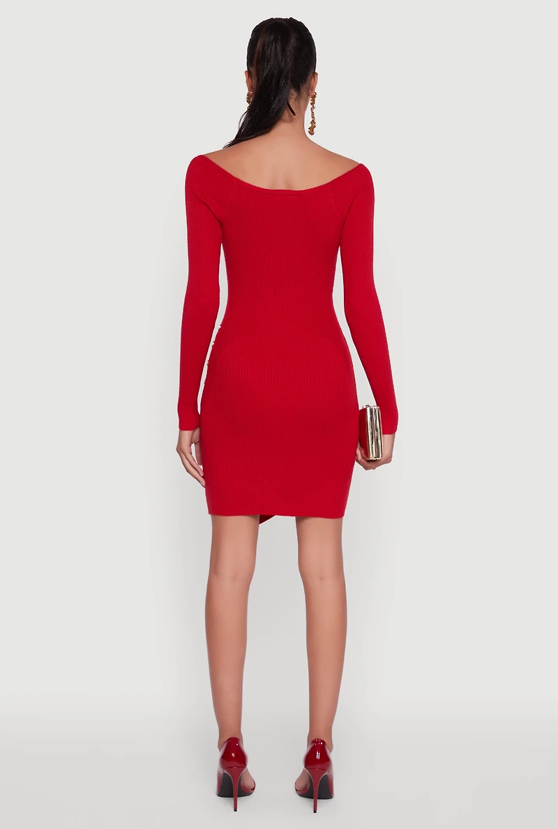 Womens Metallic Button Detail Side Slit Boat Neck Sweater Dress, Red, Size M