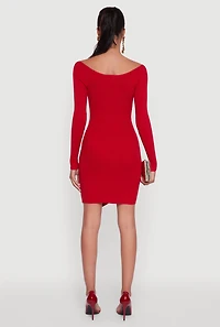Womens Metallic Button Detail Side Slit Boat Neck Sweater Dress, Red, Size M