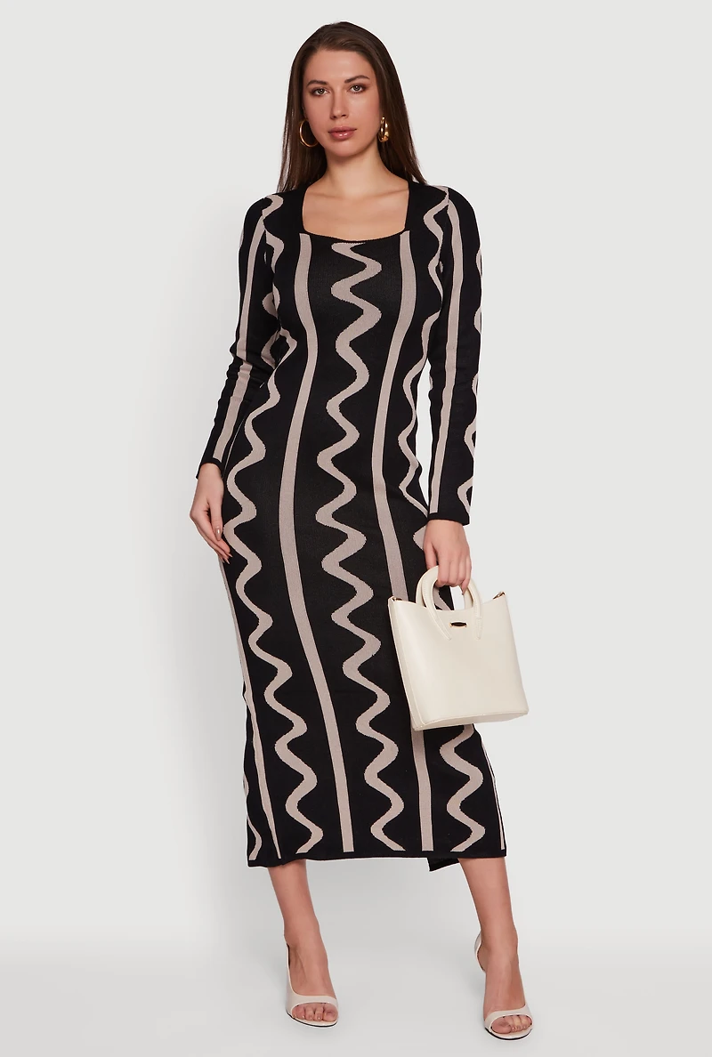 Printed Square Neck Maxi Sweater Dress