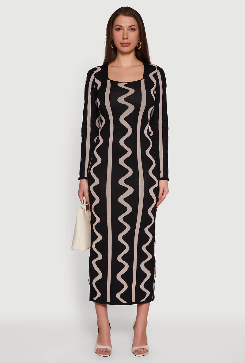 Printed Square Neck Maxi Sweater Dress