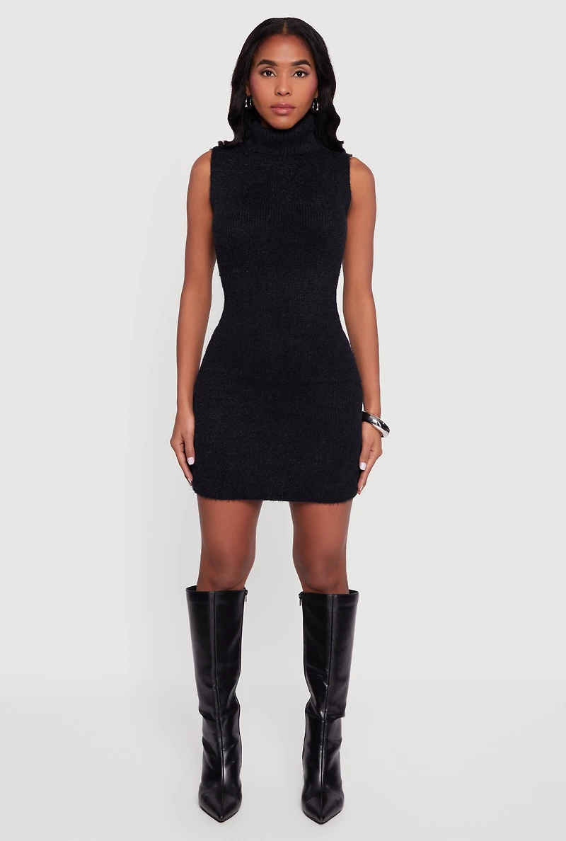 Womens Turtle Neck Eyelash Knit Mini Dress, XL