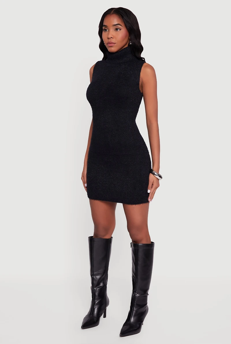 Womens Turtle Neck Eyelash Knit Mini Dress, XL