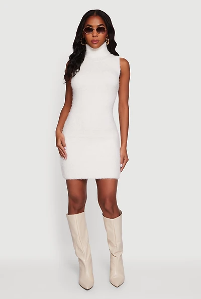 Womens Turtle Neck Eyelash Knit Mini Dress, White, Size S