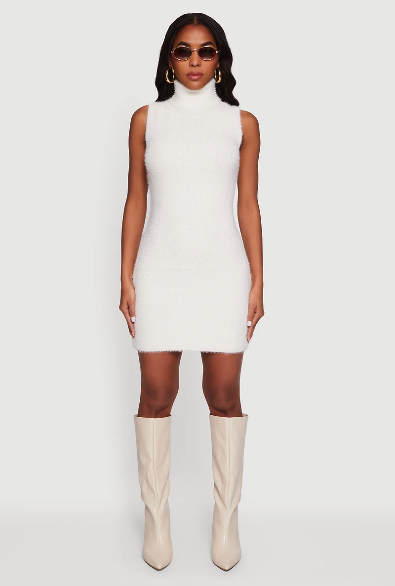 Womens Turtle Neck Eyelash Knit Mini Dress, White, Size S