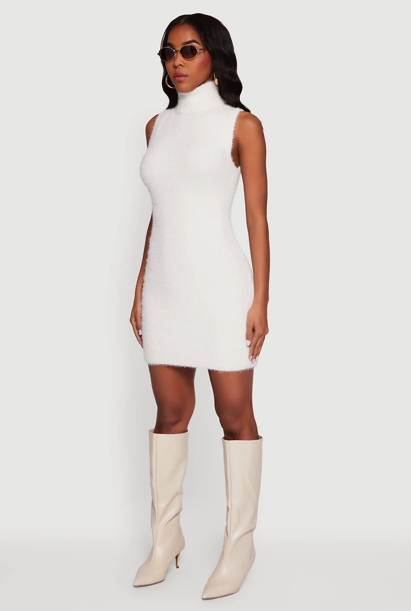Womens Turtle Neck Eyelash Knit Mini Dress, White, Size S