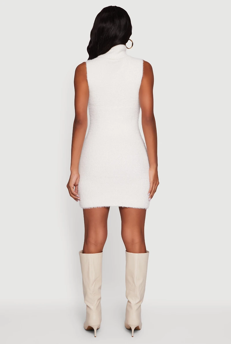 Womens Turtle Neck Eyelash Knit Mini Dress, White, Size S