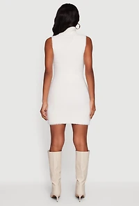 Womens Turtle Neck Eyelash Knit Mini Dress, White, Size S